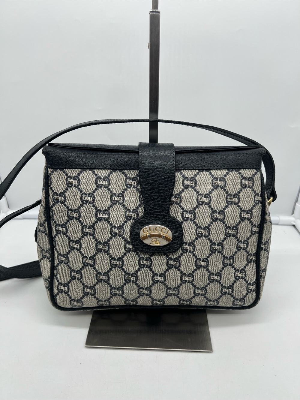 GUCCI GG PLUS Vintage Monogram Coated Canvas Blue Leather Trim Crossbody Bag